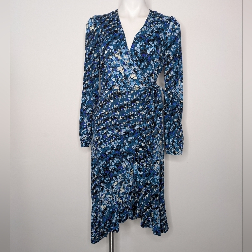 Calvin Klein Blue White Floral V Neck Faux Wrap Dress 4